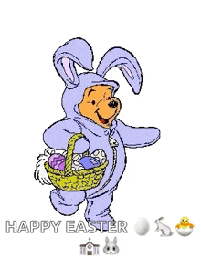 winnie the pooh is dressed as a bunny and holding an easter basket full of eggs .
