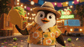 a penguin in a hawaiian shirt is holding a taco in front of a taco tuesday sign