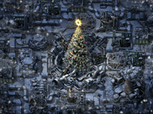 a christmas tree is in the middle of a snowy scene