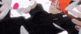 a cartoon character with red hair and green eyes is flying through the air