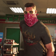 a man wearing a bandana and sunglasses stands in front of a 7 eleven sign