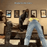 three women are dancing in a living room with the caption ready for the club x .