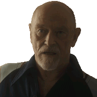 a bald man with a beard wearing a blue shirt looks at the camera