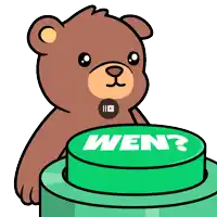 a cartoon teddy bear is pressing a green button that says wen