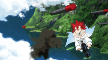 a girl with red hair is holding a cannon and flying through the air