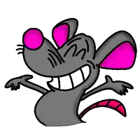 a cartoon mouse with pink ears and eyes is smiling and dancing .