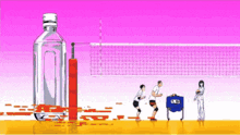 a volleyball game is being played on a court with a bottle of water in the foreground