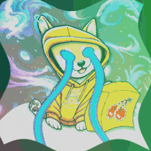 a pixel art drawing of a dog wearing a yellow hoodie crying