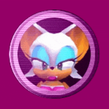 a picture of rouge the bat from sonic the hedgehog in a circle on a purple background .