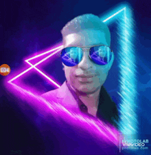 a man wearing sunglasses is surrounded by neon triangles