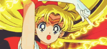 a close up of a sailor moon cartoon character holding a sword and pointing at something .