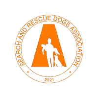 the logo for the search and rescue dogs association shows a man carrying a child