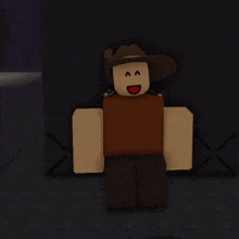 a cartoon character wearing a cowboy hat and a brown shirt is smiling