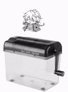 a black and white drawing of a girl sitting on top of a paper shredder that says king paper shredder