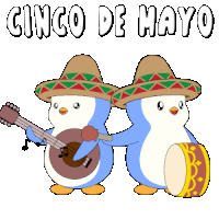 two penguins wearing sombrero 's are playing guitar and drum