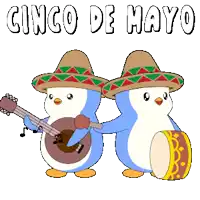 two penguins wearing sombrero 's are playing guitar and drum