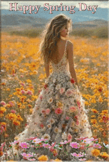 a woman in a floral dress is in a field of flowers