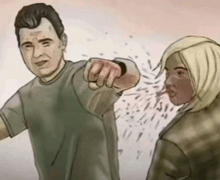 a cartoon of a man pointing at a woman who is blowing her nose