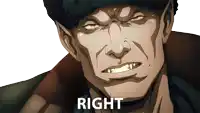 a cartoon of a man with the word right below his face