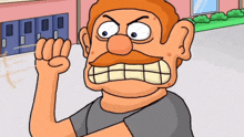 a cartoon of an angry man with a mustache is standing in front of a school