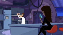 a cartoon scene with a woman sitting at a bar looking at her phone