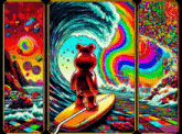 a painting of a teddy bear on a surfboard