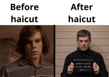 a picture of a man before and after his haircut