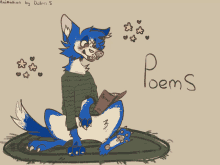 a drawing of a fox reading a book with the word poems written below it