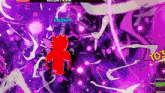 a red cartoon character is standing in front of a purple background in a video game with numbers on it .