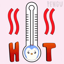 a cartoon of a thermometer with a penguin on it and the word hot underneath it