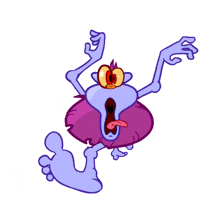 a cartoon drawing of a purple monster with a big foot