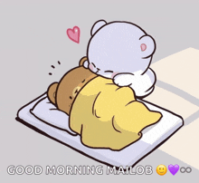 a cartoon of two teddy bears laying on a bed with the words good morning mailob