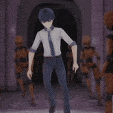 a man in a white shirt and blue jeans is walking through a hallway surrounded by robots