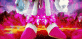 sonic the hedgehog is wearing a pink outfit and standing in front of a pink background .