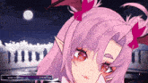 a girl with pink hair and red eyes is looking at something