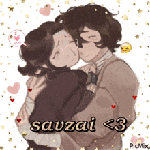 a drawing of a man kissing a woman with the name savzai < 3 on the bottom