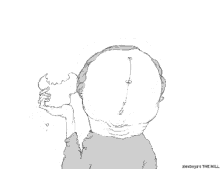 a black and white drawing of a person 's head with alexboya 's the mill at the bottom
