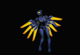 a blue robot with yellow wings and a yellow light on its head