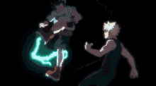 two anime characters are fighting each other in a dark room with a blue light behind them