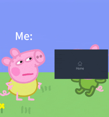 a cartoon of peppa pig standing next to a frog and a sign that says home