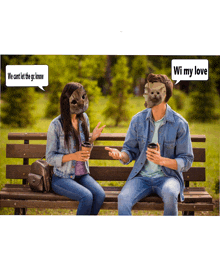 a man and a woman are sitting on a bench with a speech bubble saying we cant let the gc know