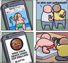 a cartoon shows a phone that says send your dance video for 2million $ lotto