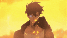 a man with glowing blue eyes stands in front of a yellow background