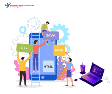 a group of people are working on a phone with the words java php and html on it