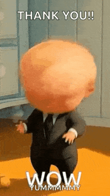 a cartoon baby in a suit and tie is dancing and saying `` thank you ! ''