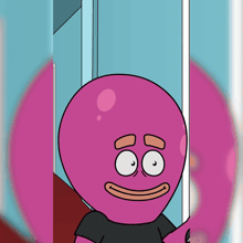 a pink cartoon character with a black shirt on is smiling