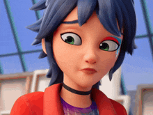 a cartoon girl with blue hair and green eyes is wearing a choker