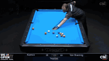 a man is playing pool on a blue diamond pool table