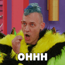 a man with a blue mohawk is wearing a yellow and black fur coat and says ohhh