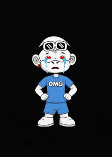 a cartoon character is crying and wearing a blue shirt that says omg